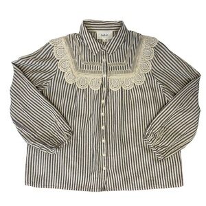 ba&sh Striped Lace-Yoke Button-Front Blouse in Navy and Cream